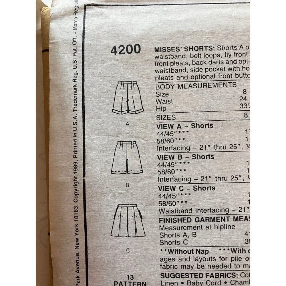 MCCALLS PATTERN 4200 SHORTS &‎ SKIRTS MISSES SIZE 16 UNCUT Vintage